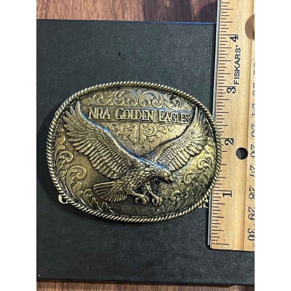 NRA Belt Buckle L Gold Eagle National Rifle Association Brass Novelty Sports 80s - Picture 8 of 9